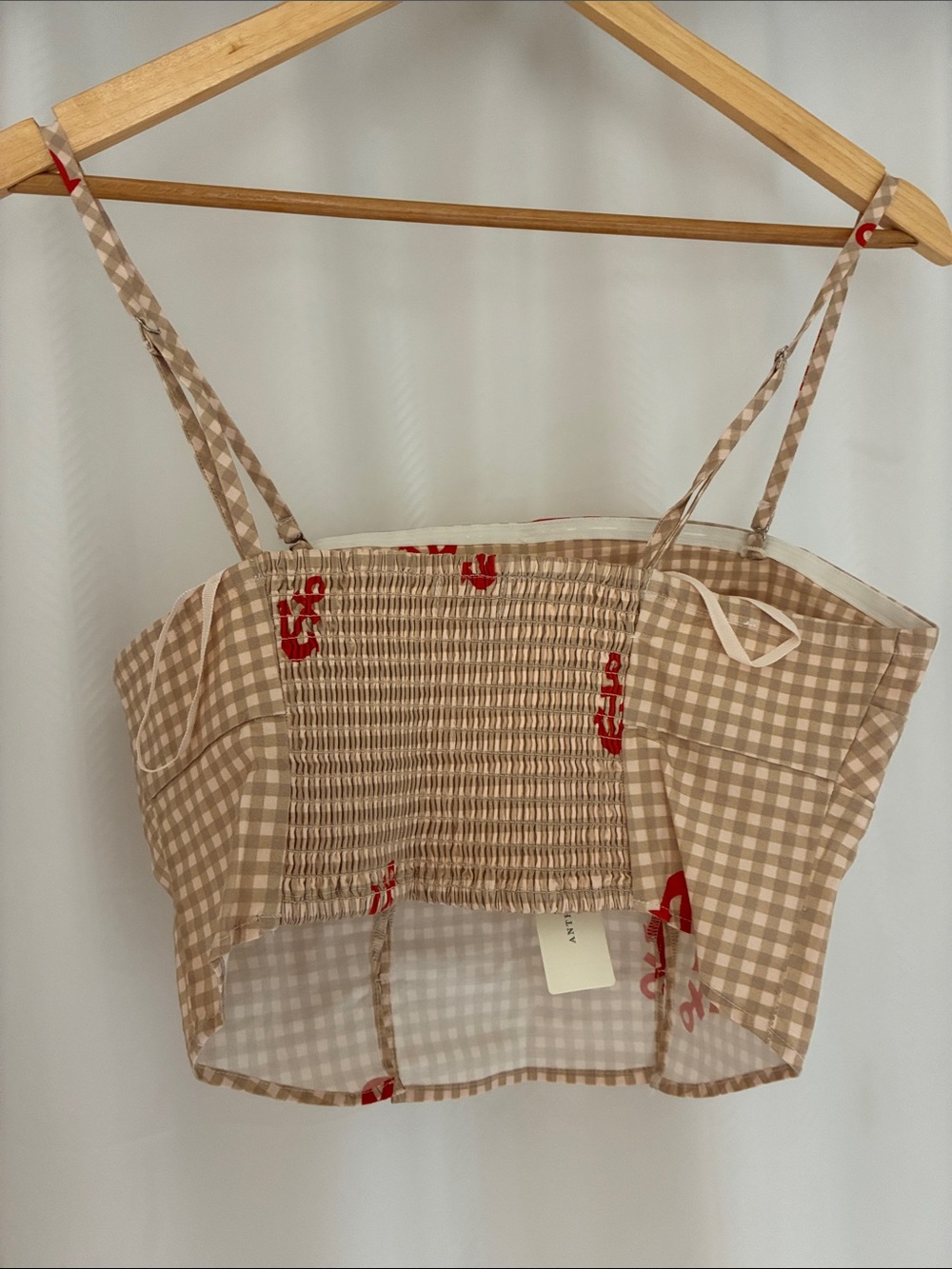 NWT size S Anthropologie Beige Gingham Crop Top with Red Anchor Print - Picture 3 of 4
